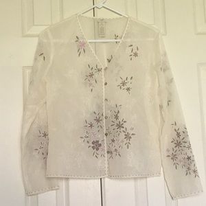 J. Jill- Sheer Cream Cardigan w/Embroidered Floral Design Cardigan